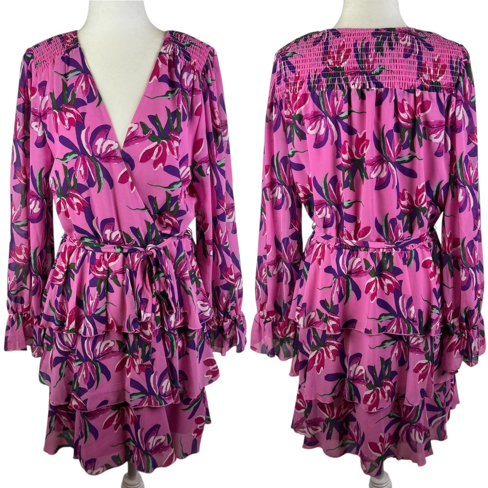 WAYF Tiered Ruffle Floral Mini Dress Size Medium Pink Long Sleeve Feminine Flowy